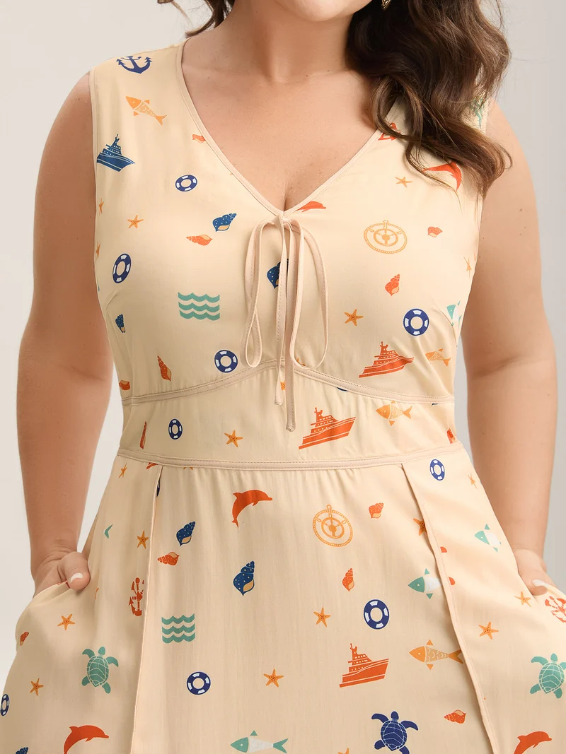 Rayon Ocean Print Cinched Waist Midi Dress