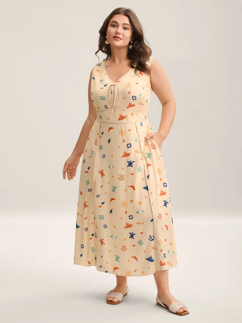 Rayon Ocean Print Cinched Waist Midi Dress