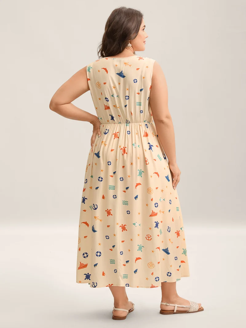 Rayon Ocean Print Cinched Waist Midi Dress