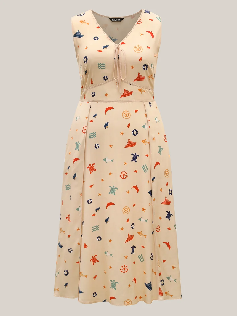 Rayon Ocean Print Cinched Waist Midi Dress