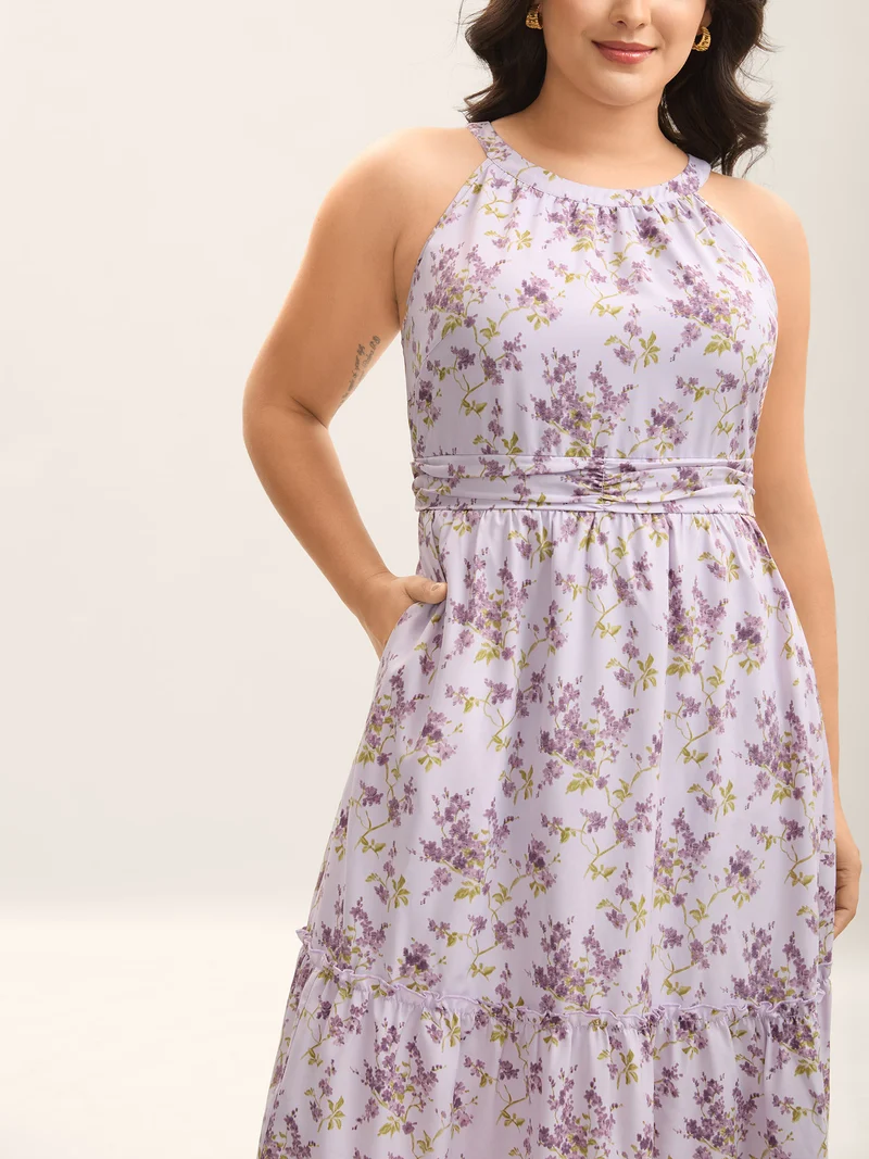 Ditsy Floral Print Pleated Tiered Maxi Dress