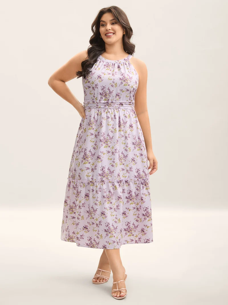 Ditsy Floral Print Pleated Tiered Maxi Dress