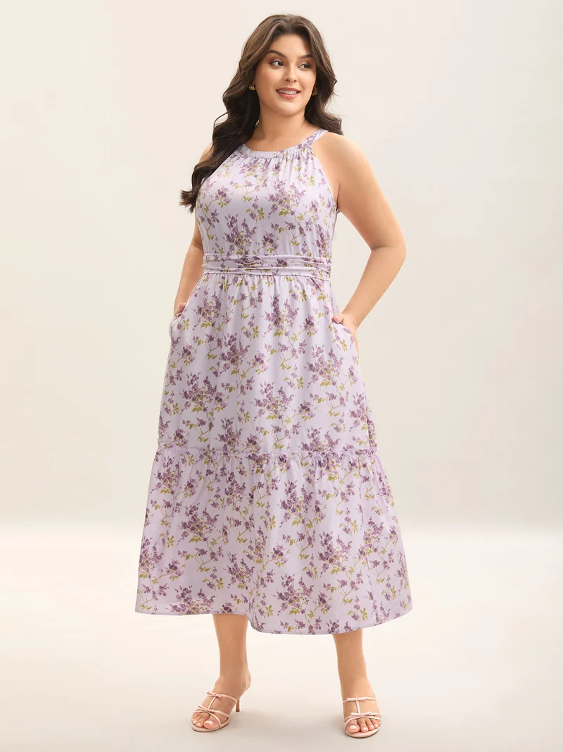 Ditsy Floral Print Pleated Tiered Maxi Dress