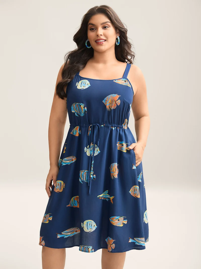Fish Print Waist-Tie Cami Midi Dress