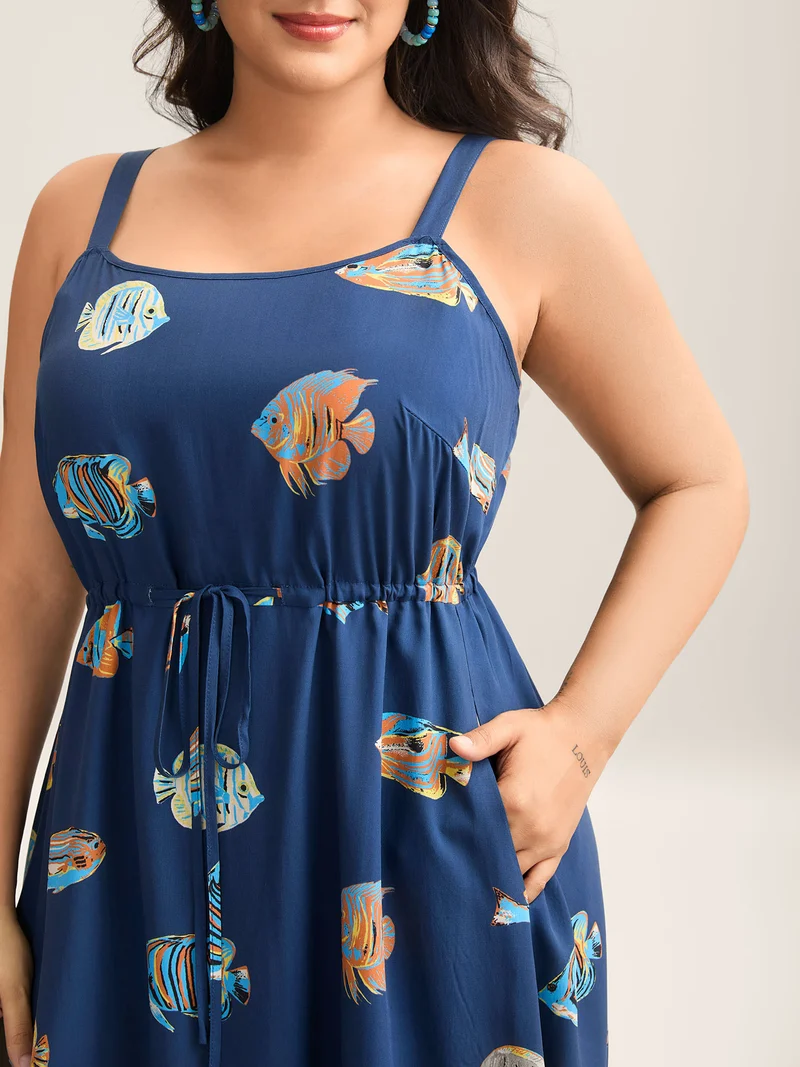 Fish Print Waist-Tie Cami Midi Dress