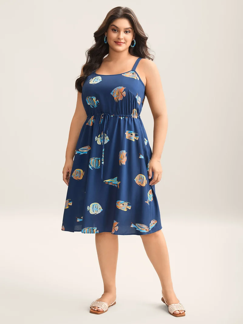 Fish Print Waist-Tie Cami Midi Dress