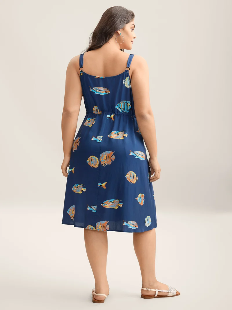 Fish Print Waist-Tie Cami Midi Dress
