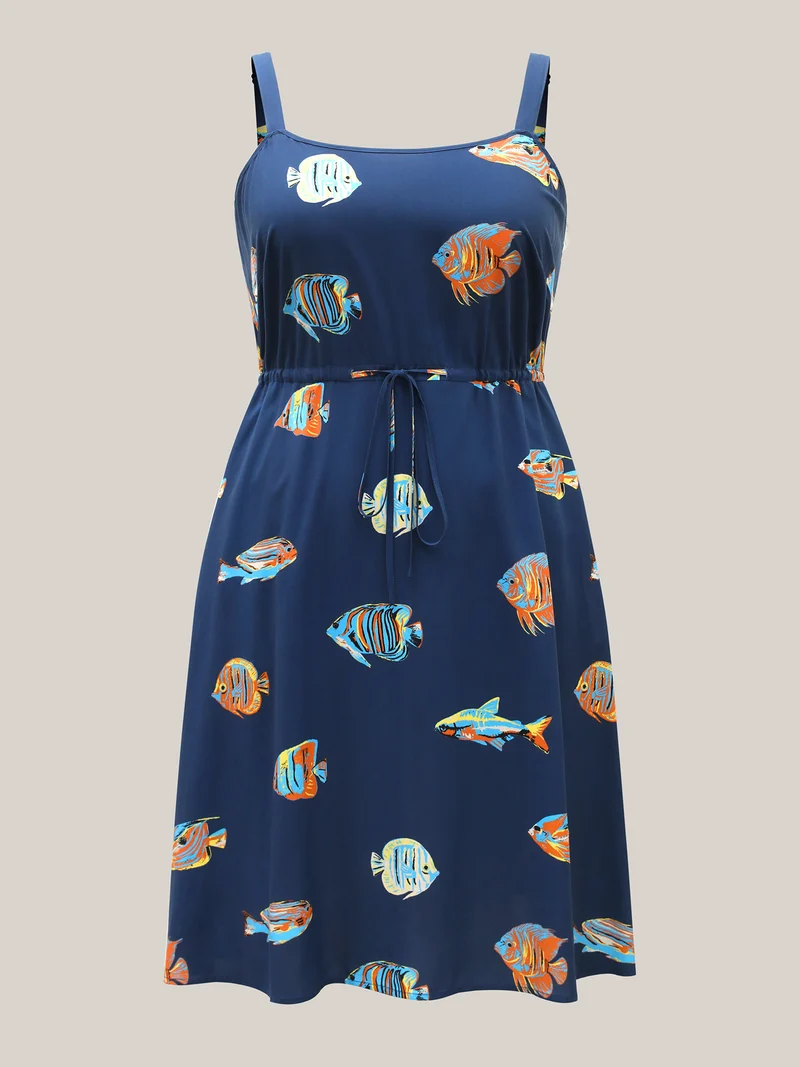 Fish Print Waist-Tie Cami Midi Dress