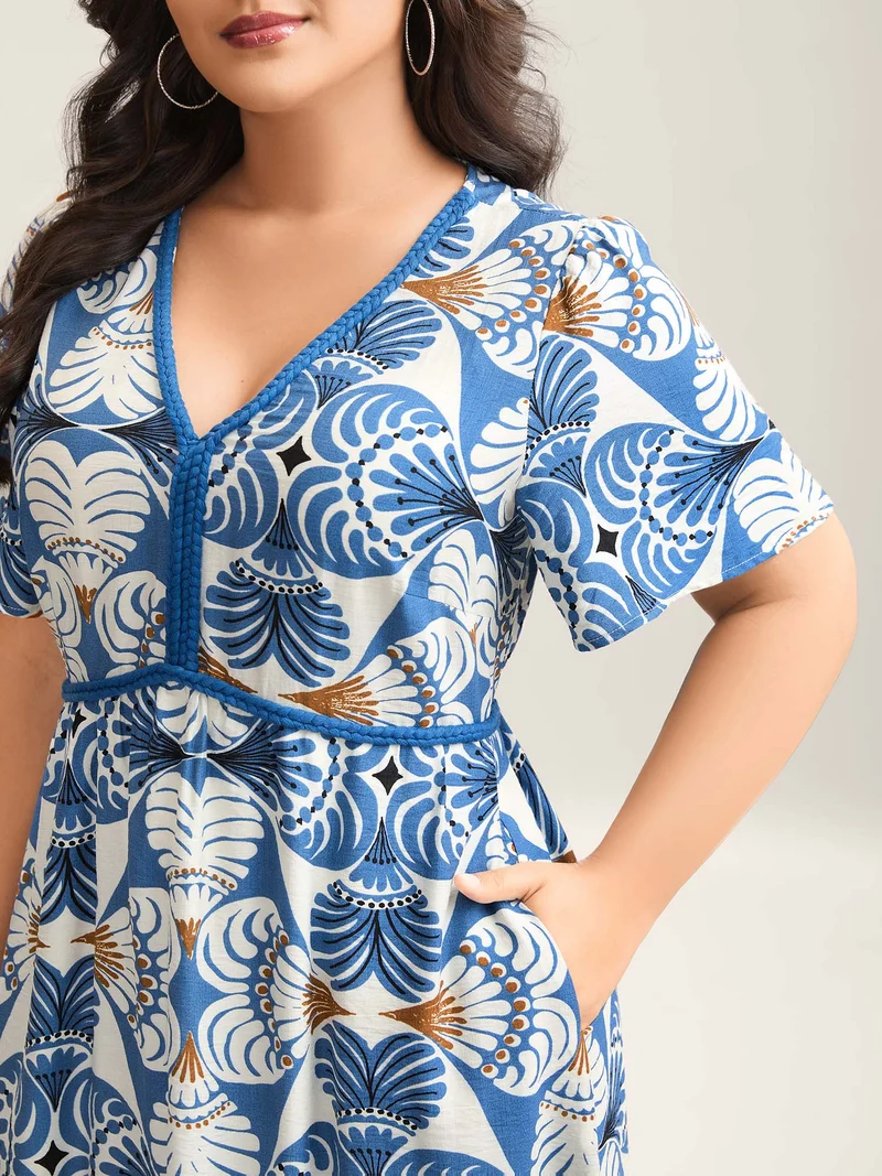 Shell Print Lace Detail Flowy Maxi Dress