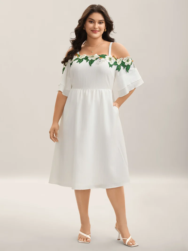 Floral Lace Off-Shoulder Adjustable Midi Dress