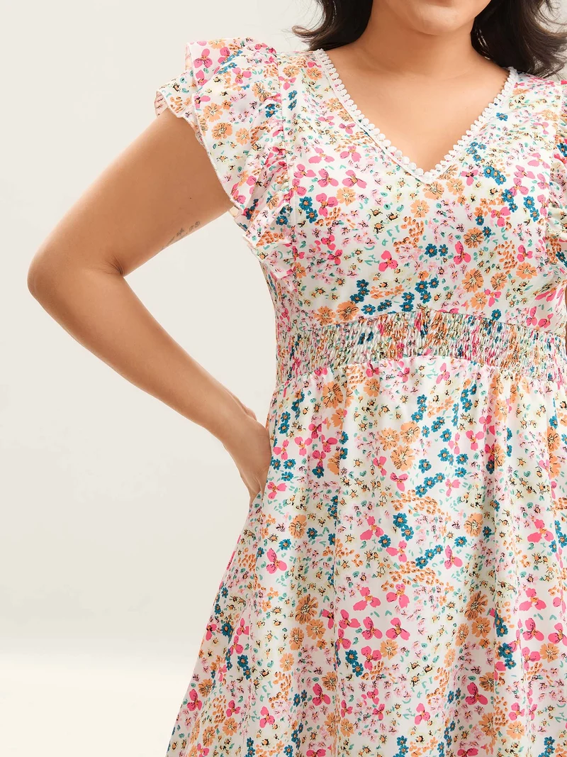 Sweet Floral Print Lace Neck Midi Dress