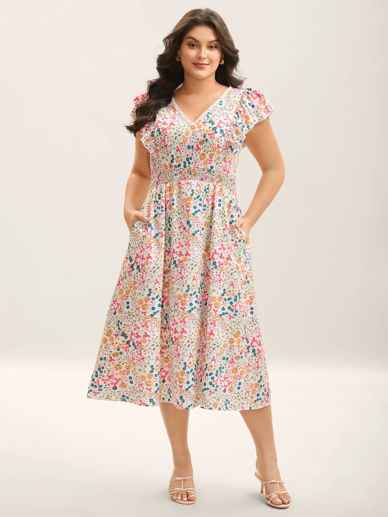 Sweet Floral Print Lace Neck Midi Dress
