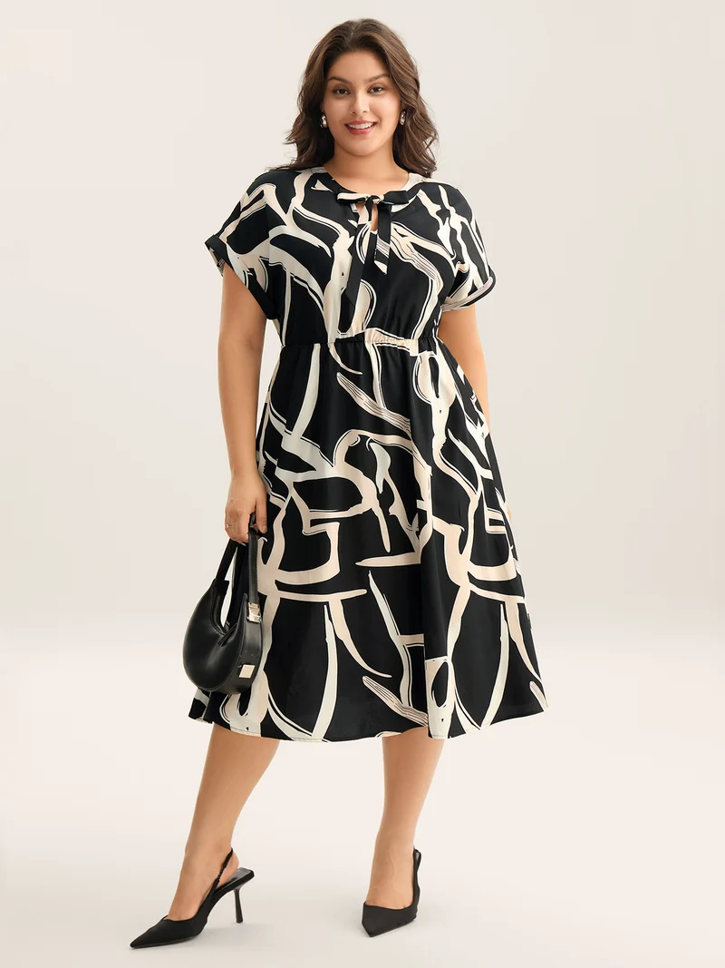 Abstract Print Ribbon Collar Midi Dress