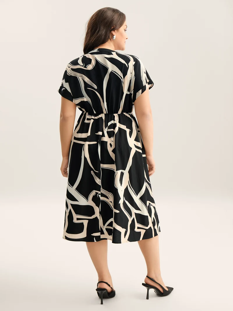 Abstract Print Ribbon Collar Midi Dress