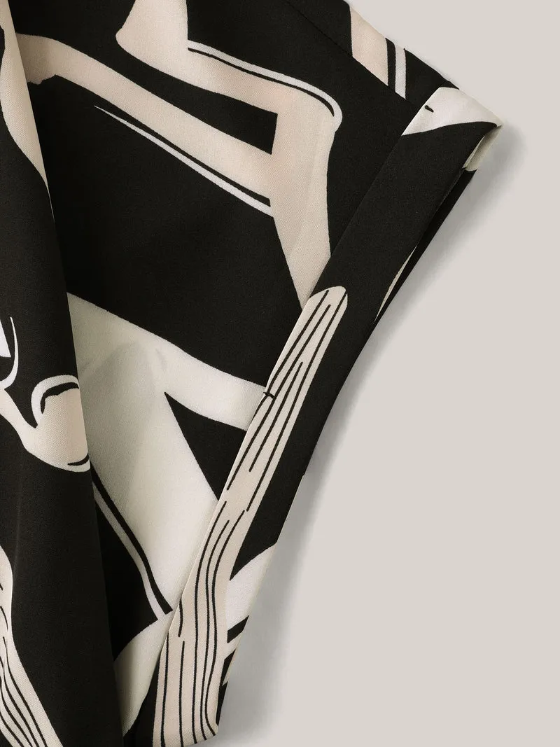 Abstract Print Ribbon Collar Midi Dress
