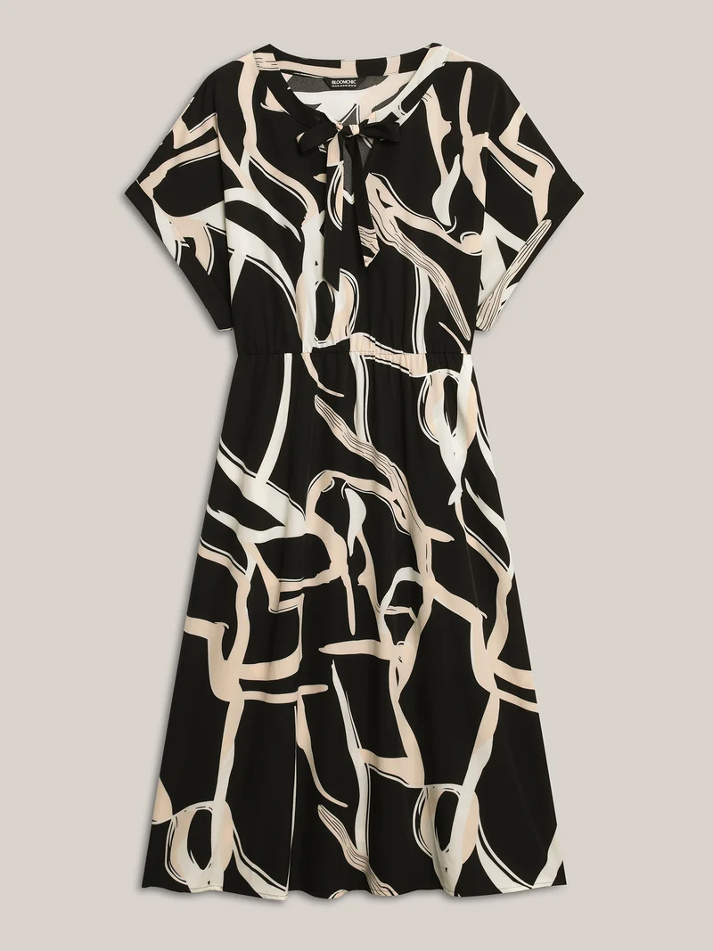 Abstract Print Ribbon Collar Midi Dress