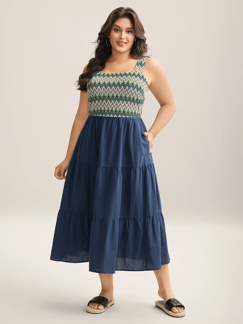 Cotton Crochet Stretchy Waist Pockets Midi Dress