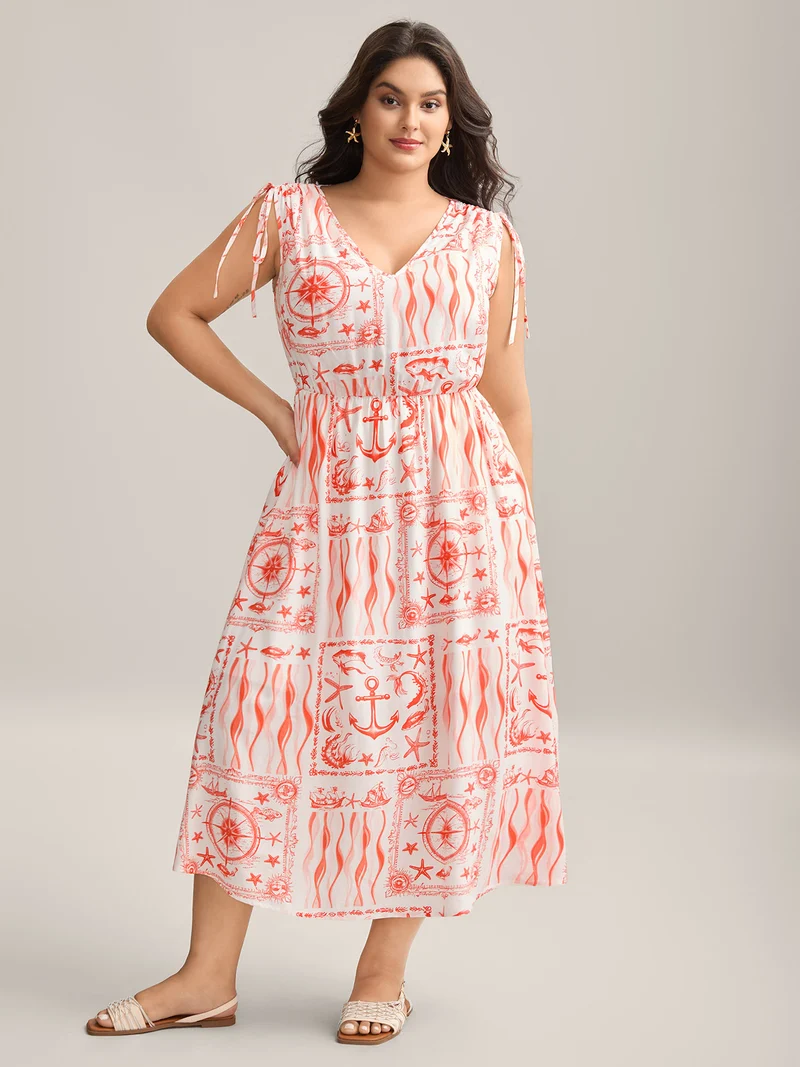 Nautical Print Sleeveless Ties Pockets Maxi Dress