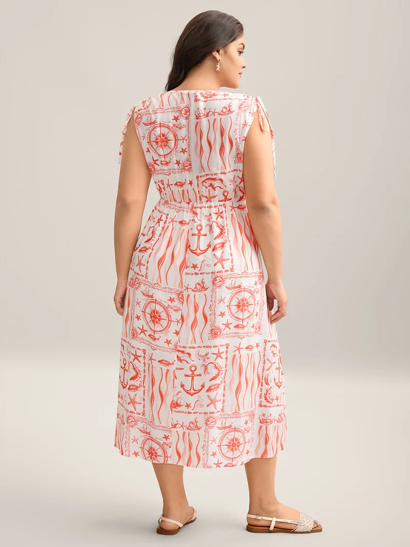 Nautical Print Sleeveless Ties Pockets Maxi Dress