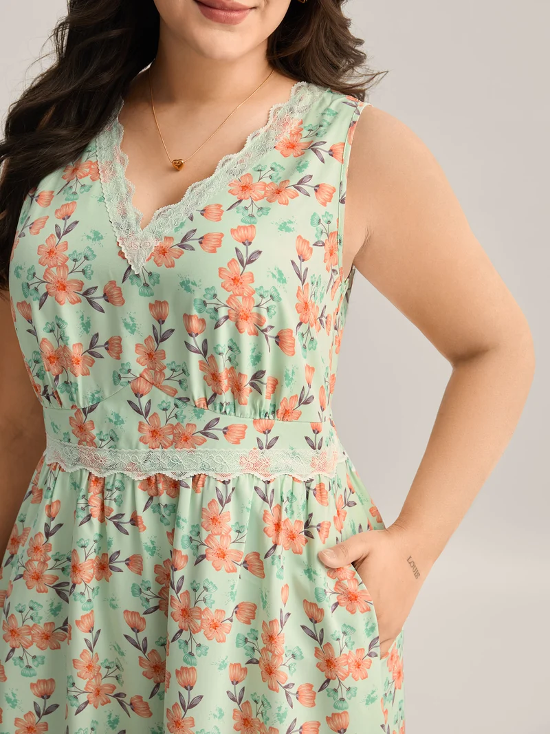 Breezy Floral Print Lace Trim Midi Dress