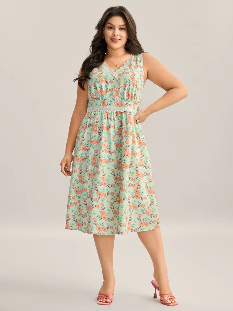 Breezy Floral Print Lace Trim Midi Dress