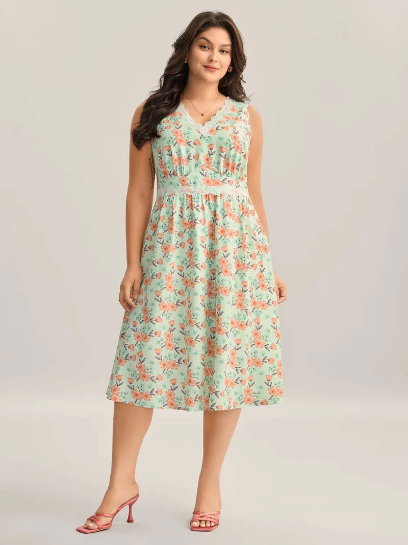 Breezy Floral Print Lace Trim Midi Dress