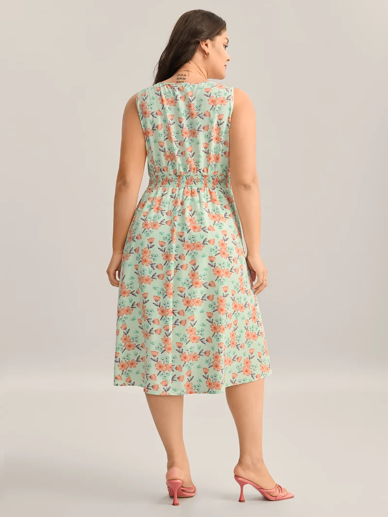 Breezy Floral Print Lace Trim Midi Dress