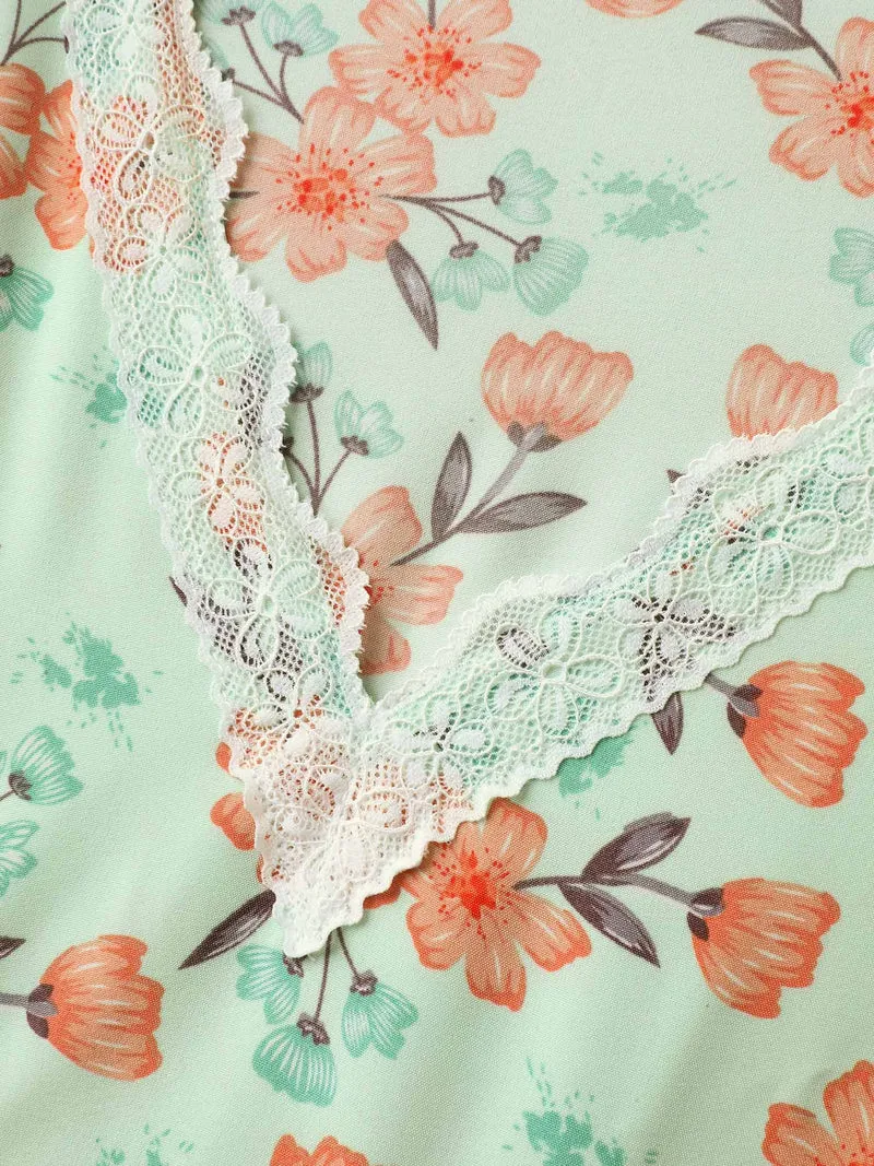 Breezy Floral Print Lace Trim Midi Dress