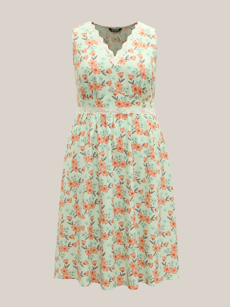Breezy Floral Print Lace Trim Midi Dress