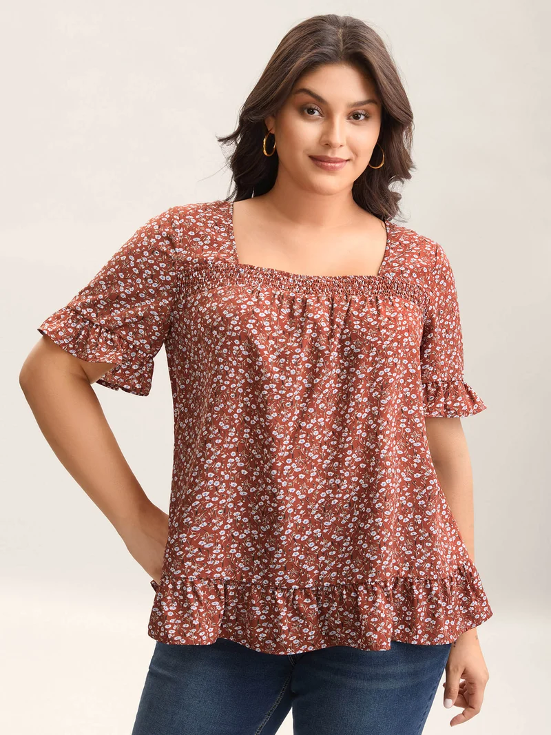 Ditsy Floral Print Ruffled Hem Blouse