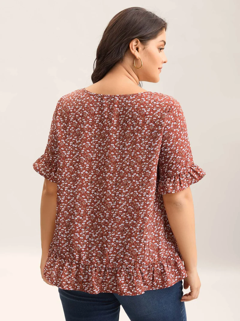 Ditsy Floral Print Ruffled Hem Blouse