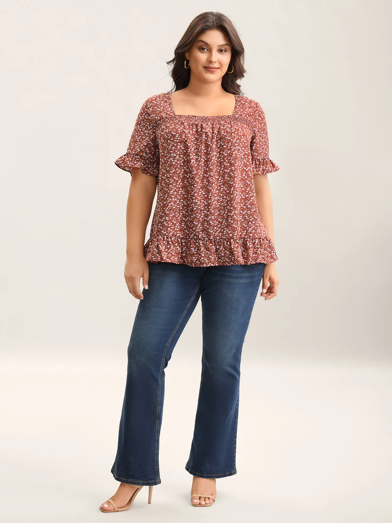 Ditsy Floral Print Ruffled Hem Blouse