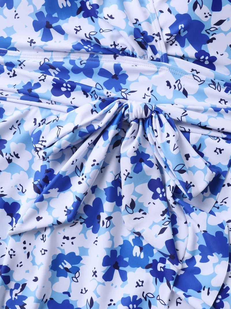 Floral Print Belted Flared Swim Dress