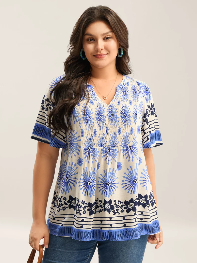 Floral Symphony Print Split Neck Blouse