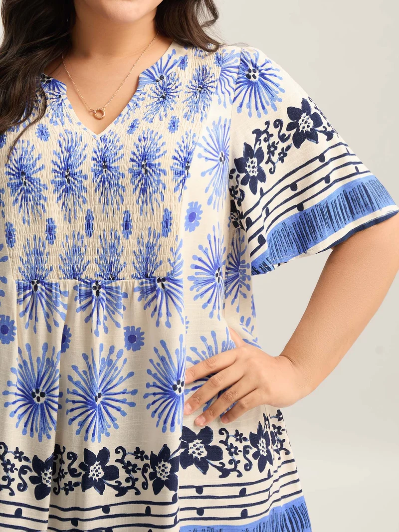 Floral Symphony Print Split Neck Blouse