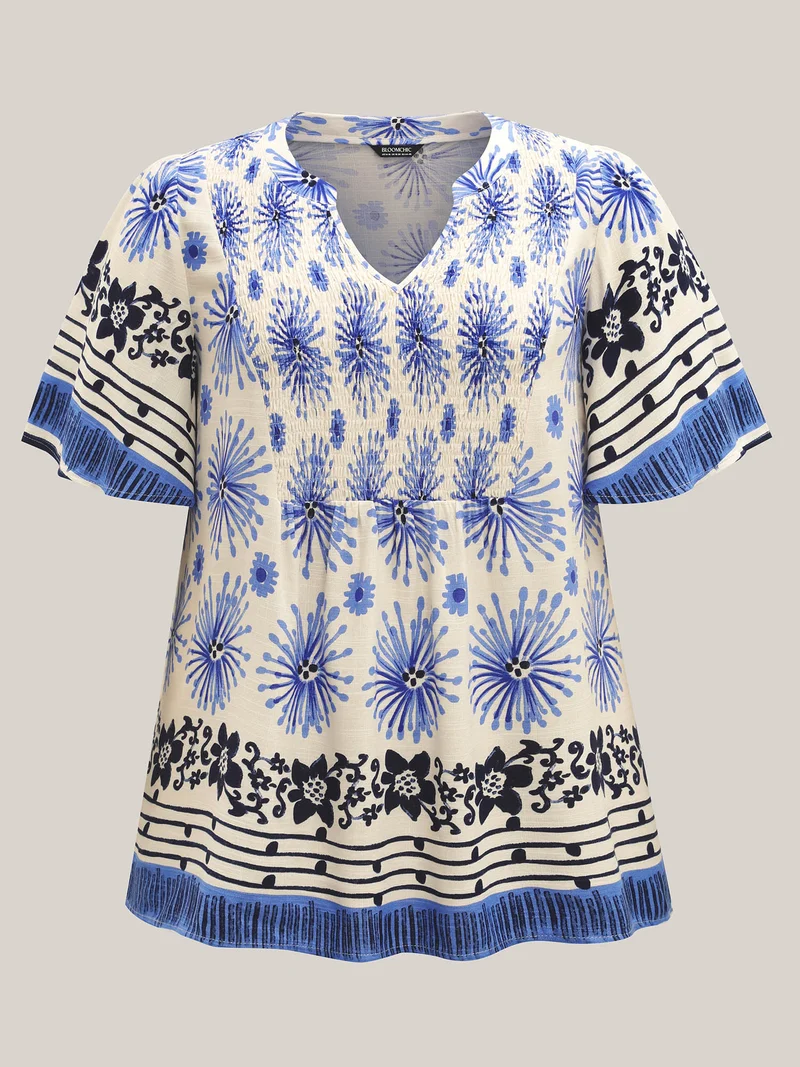Floral Symphony Print Split Neck Blouse