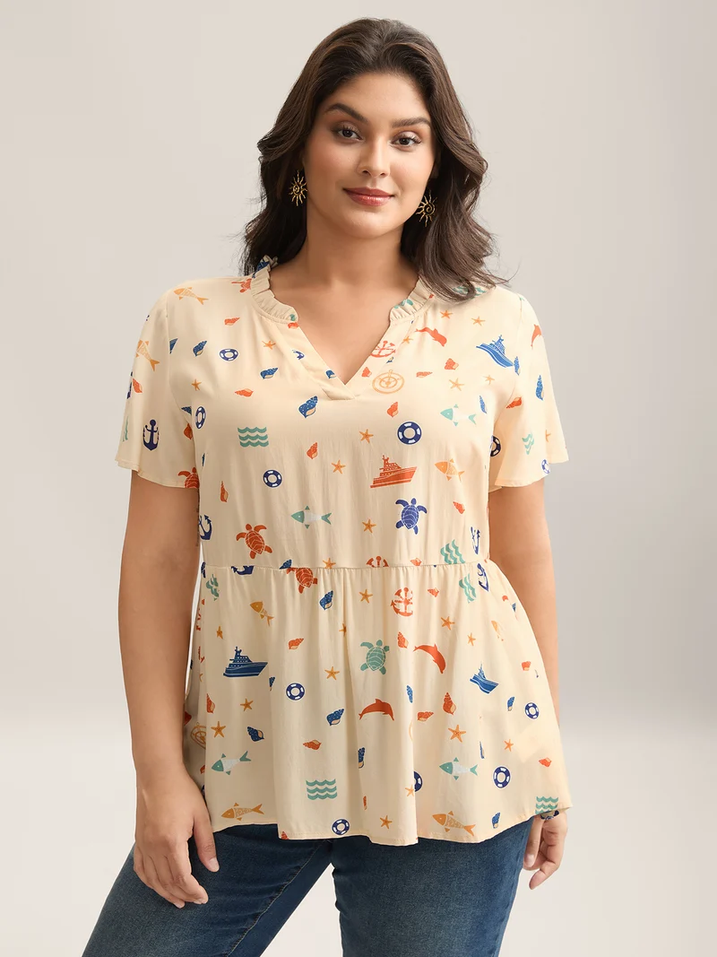 Whimsical Print Stretchy Waist Rayon Blouse