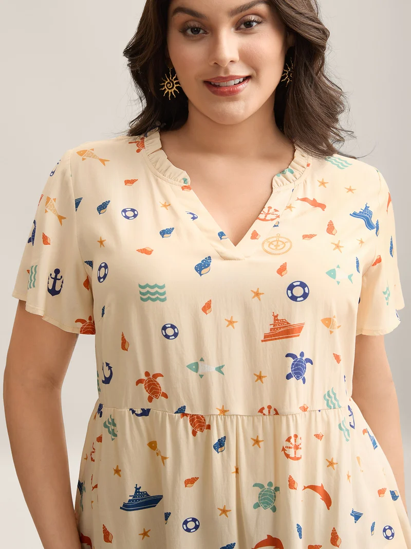Whimsical Print Stretchy Waist Rayon Blouse