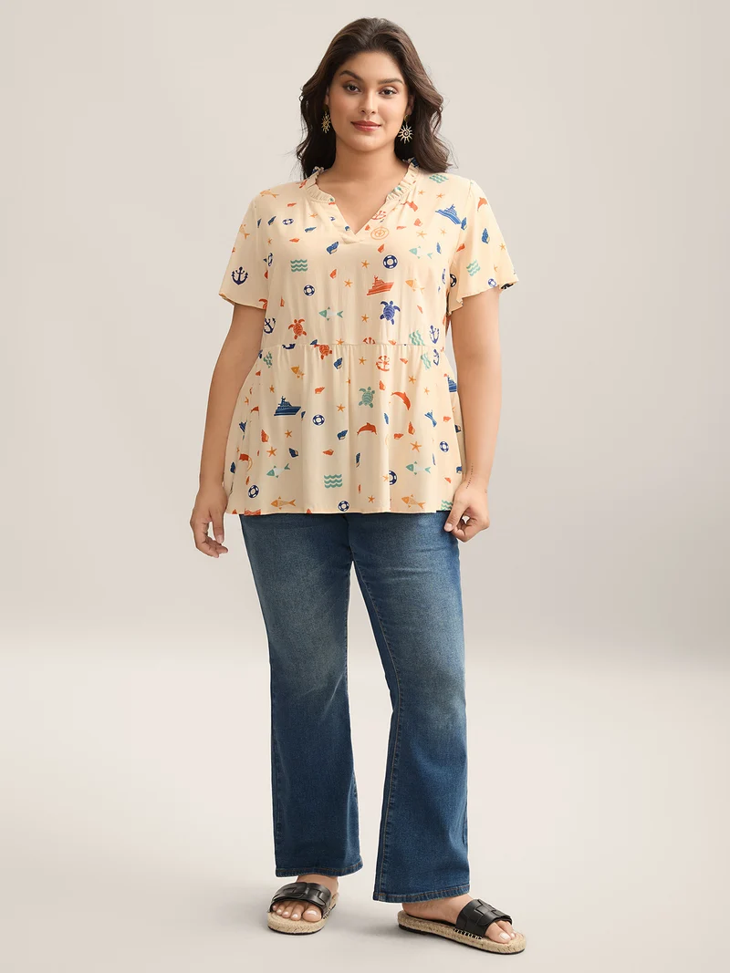 Whimsical Print Stretchy Waist Rayon Blouse