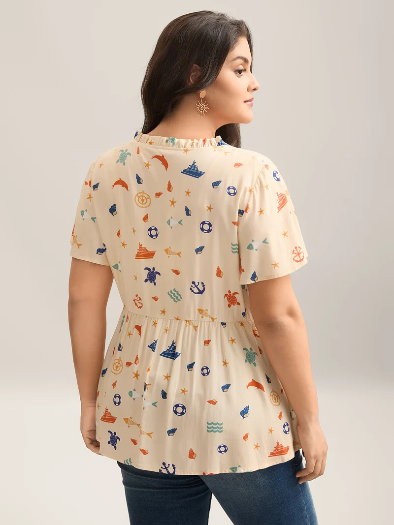 Whimsical Print Stretchy Waist Rayon Blouse