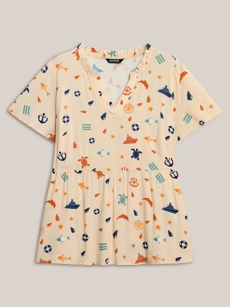 Whimsical Print Stretchy Waist Rayon Blouse