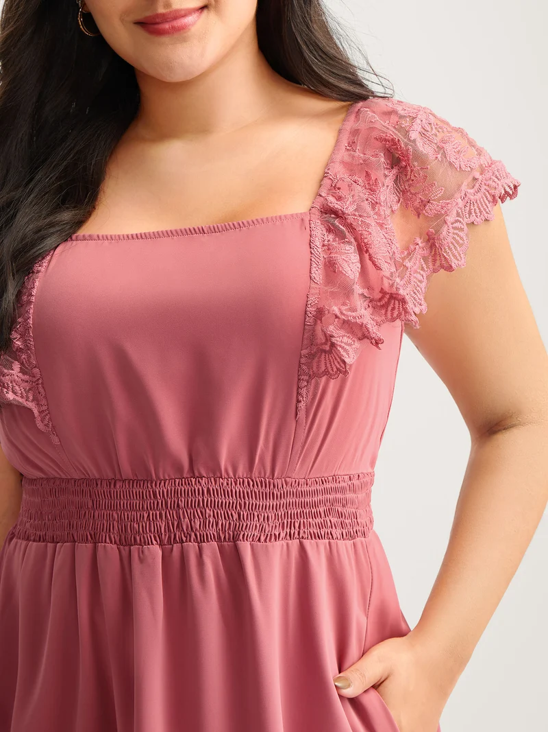 Lace Trim Shirred Waist Midi Dress