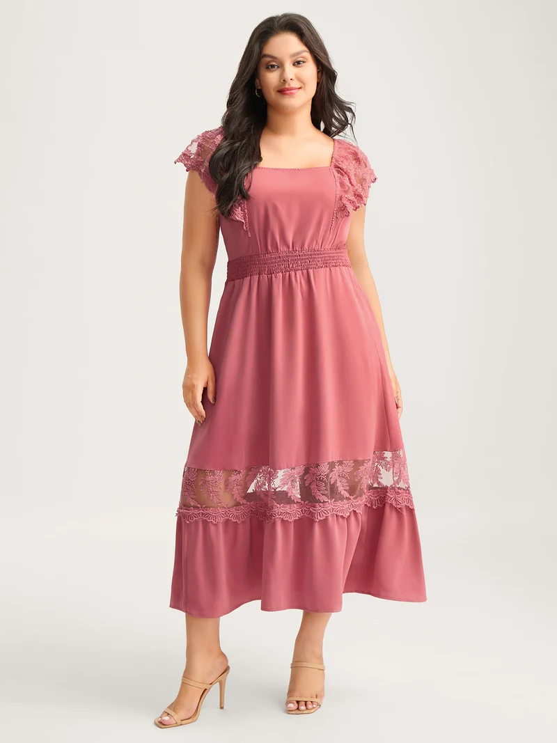 Lace Trim Shirred Waist Midi Dress