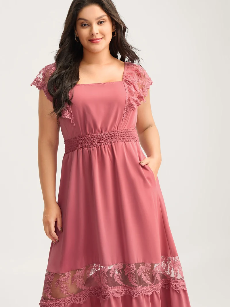 Lace Trim Shirred Waist Midi Dress