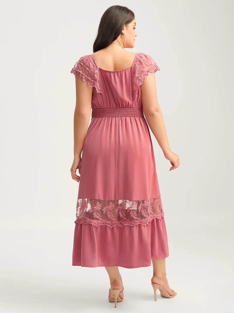 Lace Trim Shirred Waist Midi Dress