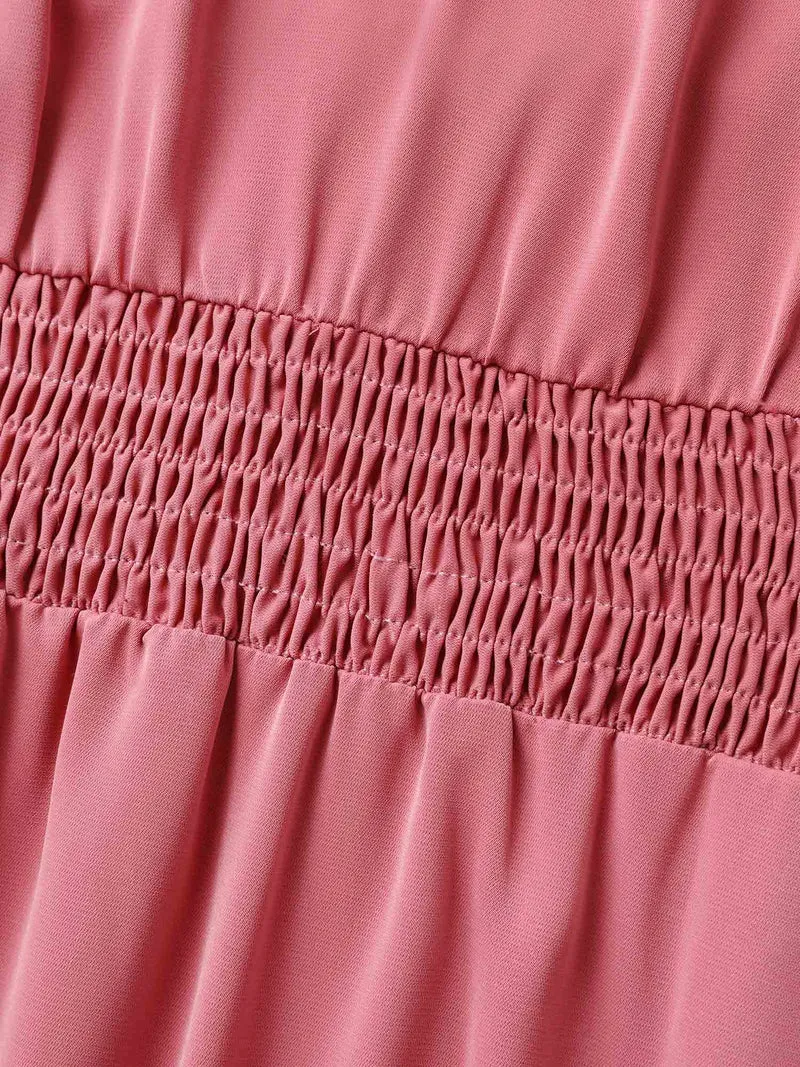 Lace Trim Shirred Waist Midi Dress
