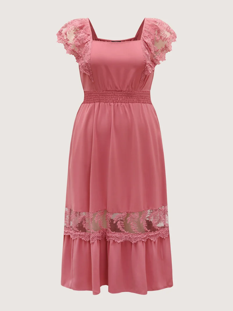 Lace Trim Shirred Waist Midi Dress