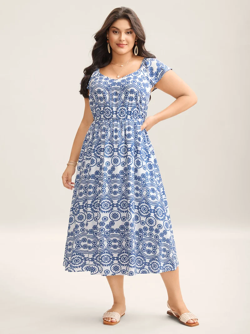 Geometric Print Pockets Flowy Midi Dress