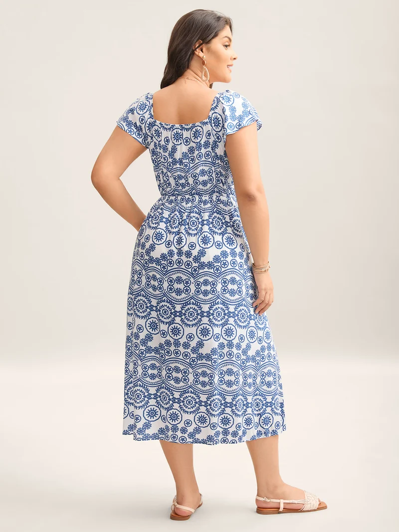 Geometric Print Pockets Flowy Midi Dress