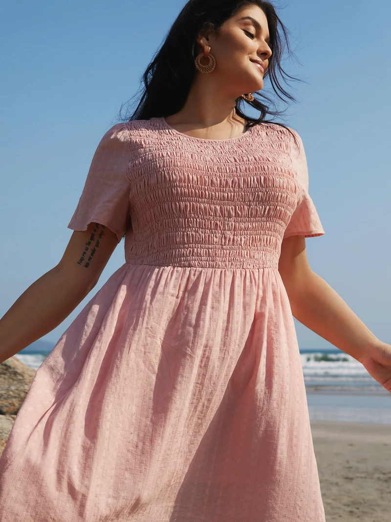 Cotton Textured Shirred Bodice Pleated Midi Dress